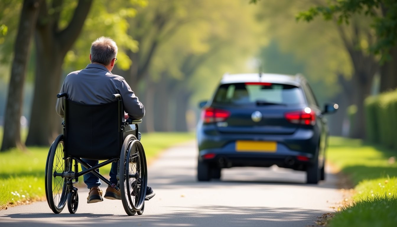 Wheelchair user beside a parked car