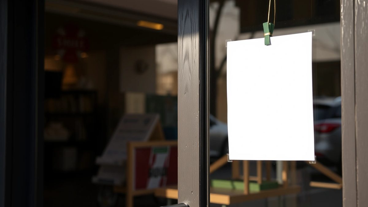 Glass shop door with a blank paper notice taped inside on a quiet morning