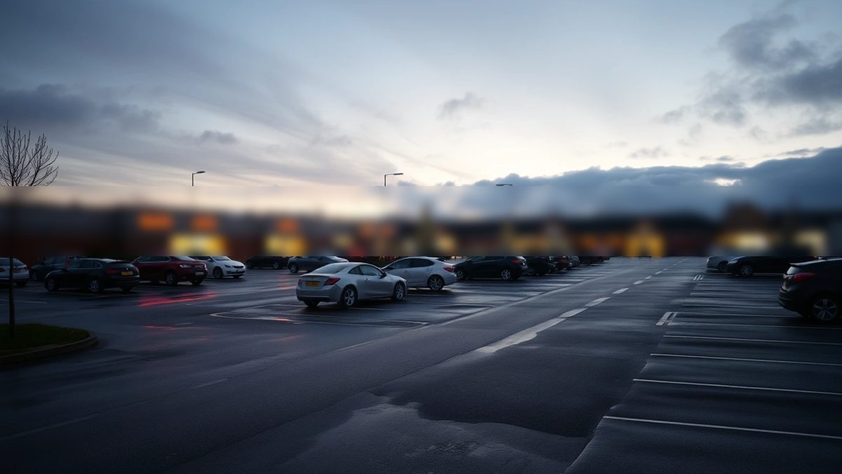 UK retail park at dusk in December with shop lights on and a few cars in the car park
