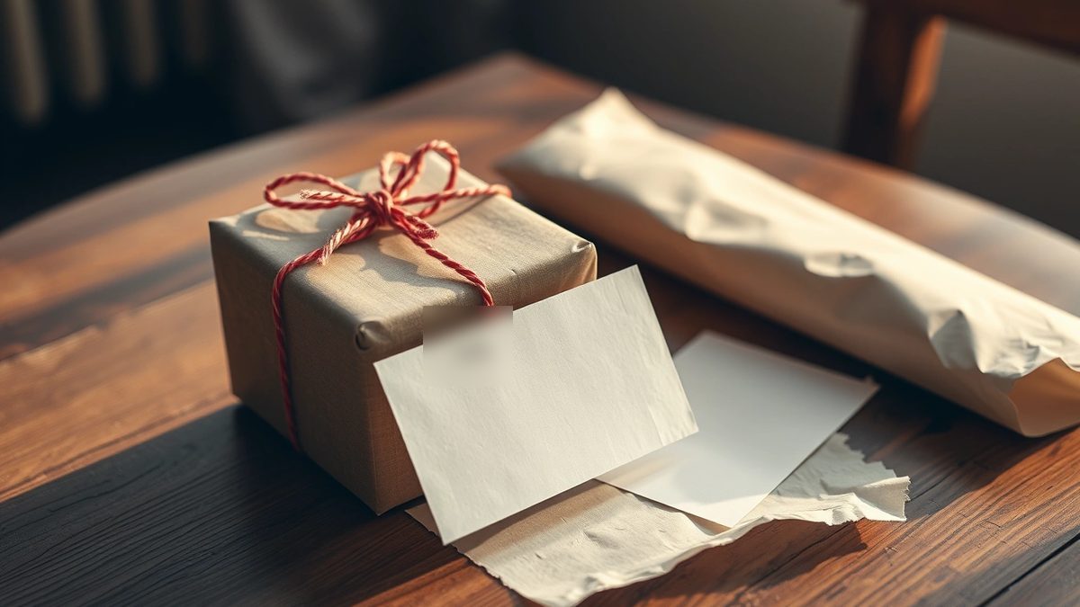 Wrapped gift box and a plain till receipt on a wooden table among torn wrapping paper