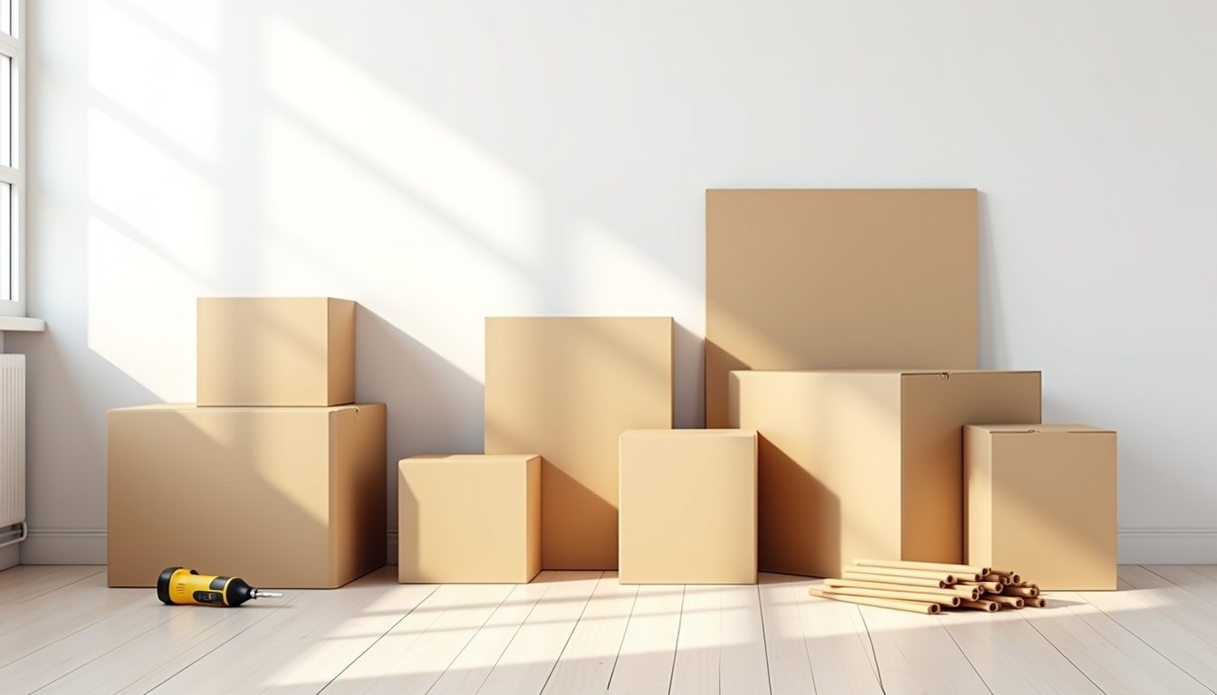Flat-pack boxes against a wall