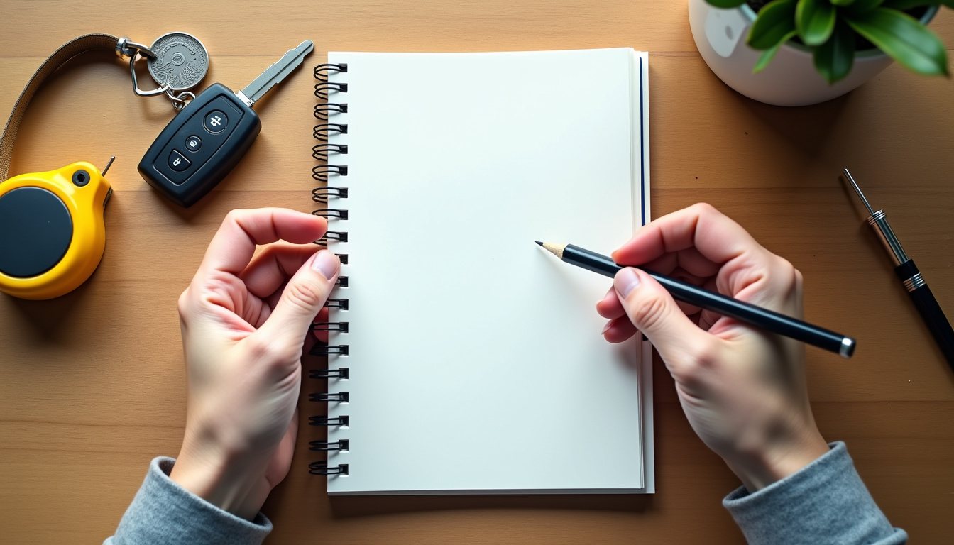 Notepad and tape measure on a table